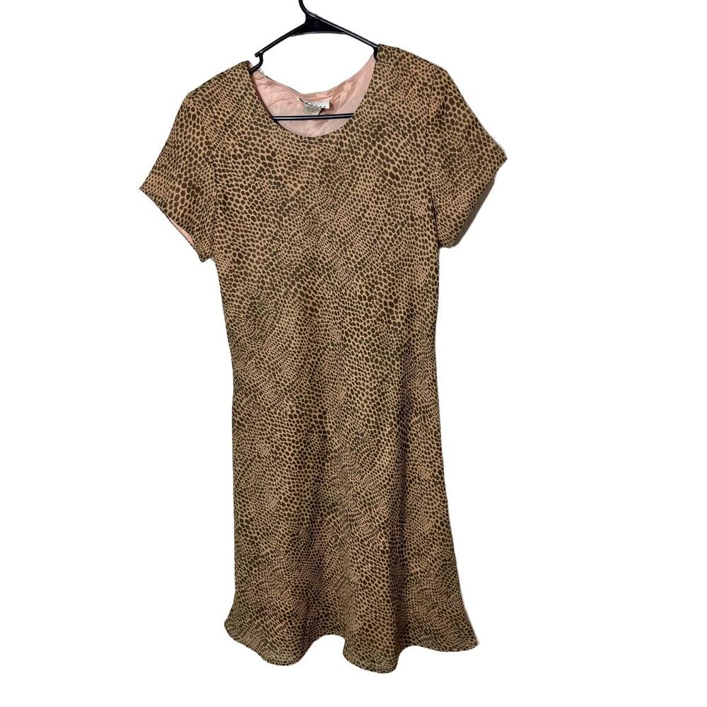 ICE Dress Womens Size 10 Vintage Beige Brown ALine Animal Print Short Sleeve
